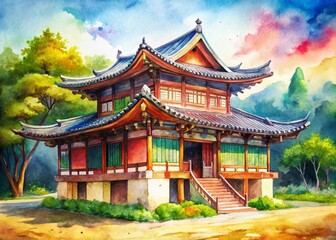 Fototapeta premium Hand-Drawn Watercolor Illustration of a Long House - Macro Photography