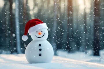 Obraz premium A cheerful snowman wearing a red Santa hat stands amidst falling snow in a serene winter landscape.