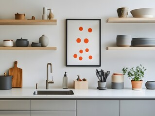 Minimalist kitchen interior with wooden shelves, a stainless steel sink, and a framed abstract print featuring orange circles.