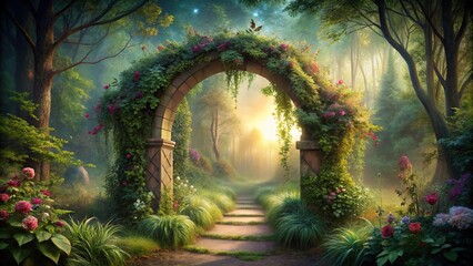 Obraz premium Landscape of enchanted fairy garden with an archway