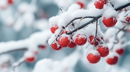 Vibrant Red Berries Stand out Against a Backdrop of Snow-Laden Branches During a Serene Winter Day