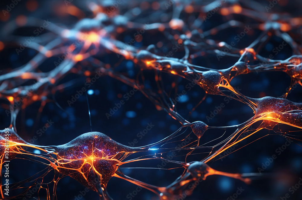 Poster 3d render of an interconnected neural network, showcasing glowing synapses and pathways, symbolizing