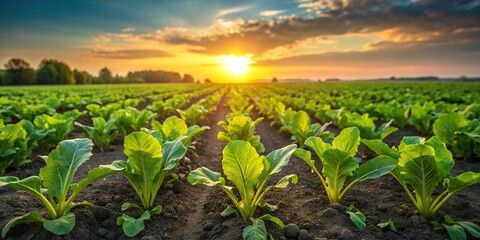 Landscape of young green sugar beet leaves in an agricultural field during sunset