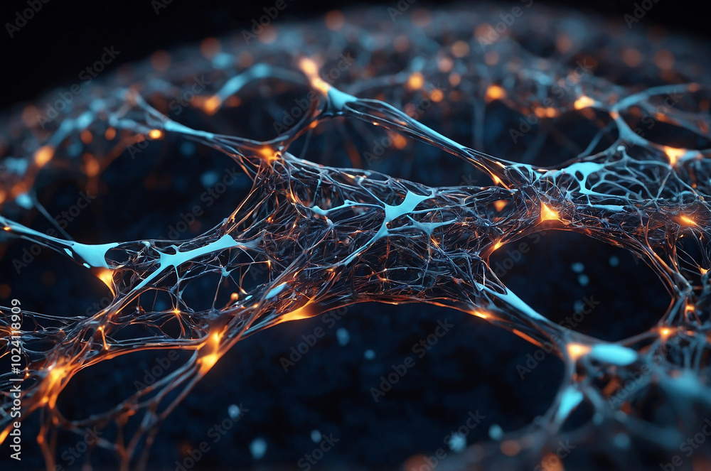 Poster 3d render of an interconnected neural network, showcasing glowing synapses and pathways, symbolizing