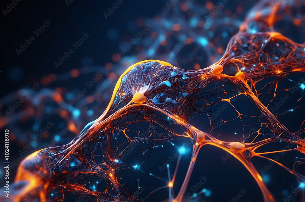 Poster 3d render of an interconnected neural network, showcasing glowing synapses and pathways, symbolizing