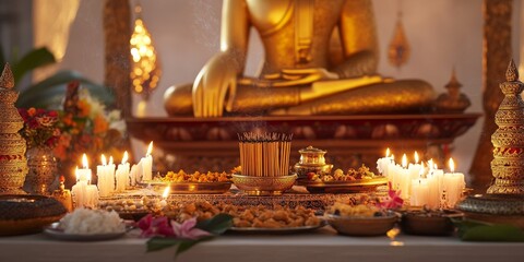 Fototapeta premium Minimalist background of Lao Buddha: A serene blend of ancient Buddhist architecture and spiritual heritage in Southeast Asia's temples.