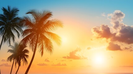 Breathtaking tropical sunset scene with silhouetted palm trees against a vibrant colorful sky in a serene watercolor inspired style  Peaceful idyllic and perfect for vacation travel