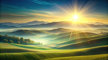 Landscape with abstract blobs, hills, mountains, and sun from a low angle