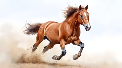 Obraz premium Majestic horse running free across an open plain kicking up dust in its wake captured in a vibrant watercolor painting style that showcases the animal s power grace