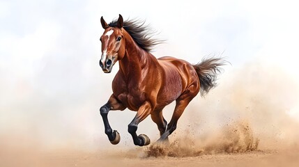 Obraz premium Majestic horse galloping free and unrestrained across a serene open plain kicking up dust in its wake rendered in a beautiful watercolor painting style