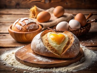 Fototapeta premium Heart-Shaped Dough and Bread with Eggs and Flour for Baking Enthusiasts