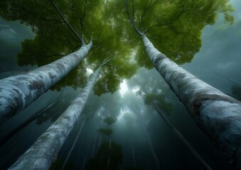 view trees conceptual wide lens birch ascending inspiring dreamy bottom top reaching business products supplies verdant