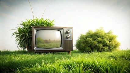 Landscape with green plants and retro TV on grass