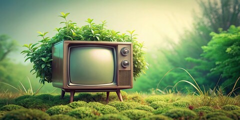 Landscape with lush green plants and retro TV on grass against pastel blue background with shallow depth of field
