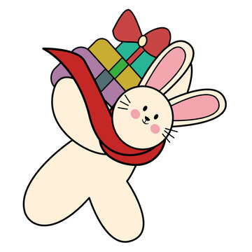 bunny carrying gifts, red scarf, white background clip art preview