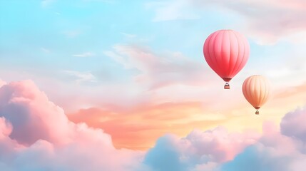 Obraz premium Serene hot air balloons peacefully drifting through a captivating watercolor style sunrise surrounded by soft wispy clouds in a dreamy ethereal landscape
