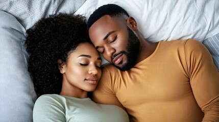 Fototapeta premium Intimate Couple s Peaceful Slumber Captured in Serene Top View with Futuristic Analogous Color Scheme Husband and Wife Embraced in Cozy Bedroom Conveying Love Comfort and Togetherness