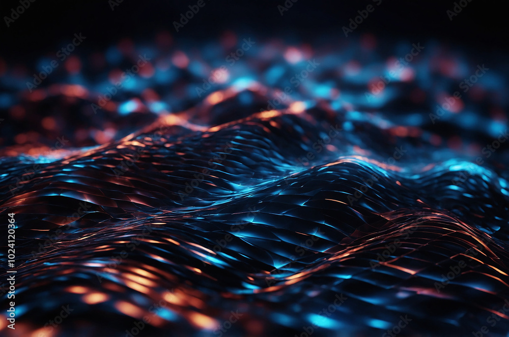 Poster abstract background with a digital mesh pattern, highlighted by pulsating lights and deep shadows, c