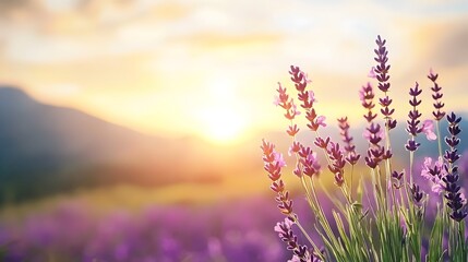 Fototapeta premium Ethereal sunset over a lavender field with a gentle breeze moving the delicate purple blooms in a soft watercolor like style The serene