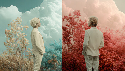 A series of diptych images showing the same person in two different environments or outfits side by side, suggesting the idea of parallel lives or different versions of oneself