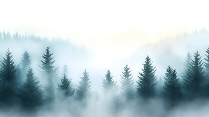 Fototapeta premium Breathtaking misty pine forest landscape at early morning sunrise with soft sunlight filtering through the trees creating a dreamy ethereal atmosphere in a watercolor painting style