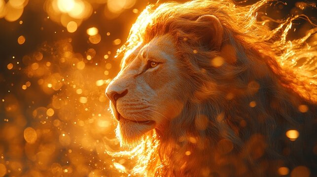 Majestic white lion with flowing mane against a backdrop of golden bokeh.