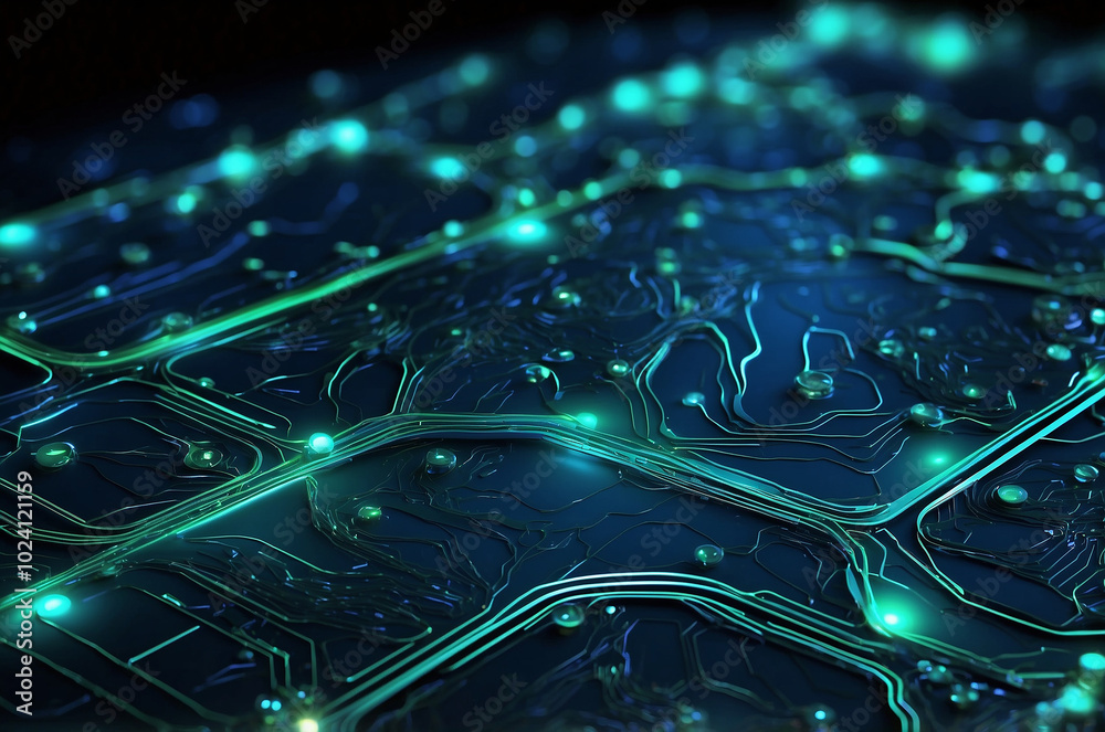 Poster abstract tech background featuring a circuit board design with glowing lines and nodes, blending sha