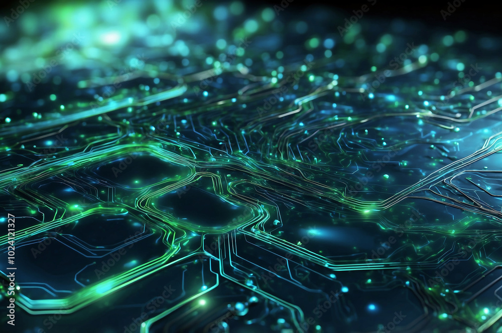 Poster abstract tech background featuring a circuit board design with glowing lines and nodes, blending sha