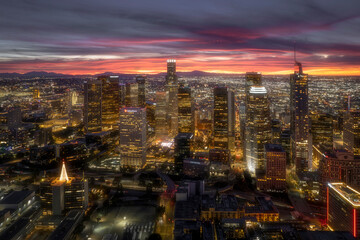 Obraz premium Aerial photography of Los Angeles city buildings cityscape landscape at night, California, USA