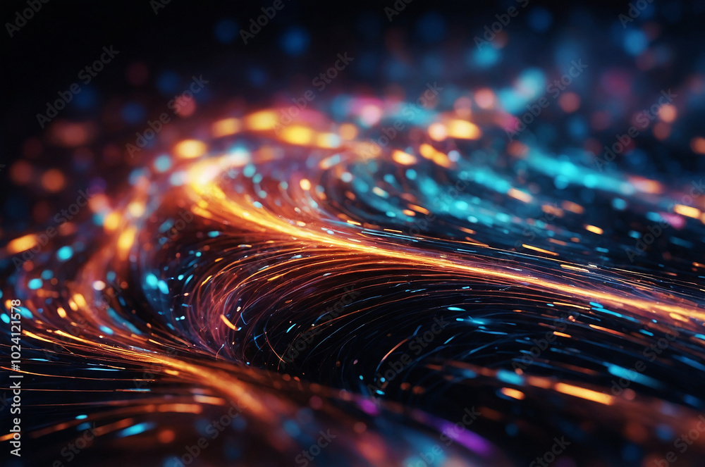 Poster abstract tech background with swirling particle effects and light trails, creating a sense of depth 