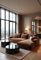 Chic Urban Living: Experience a Luxurious Open-Plan Apartment with Stylish Furniture and Breathtaking City Skyline Views 