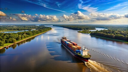 Naklejka premium Large Cargo Ship Journeying Through Savannah River Panoramic