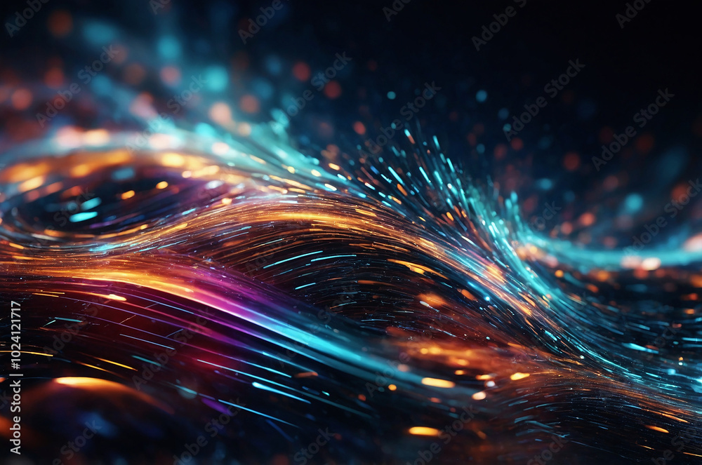 Poster abstract tech background with swirling particle effects and light trails, creating a sense of depth 