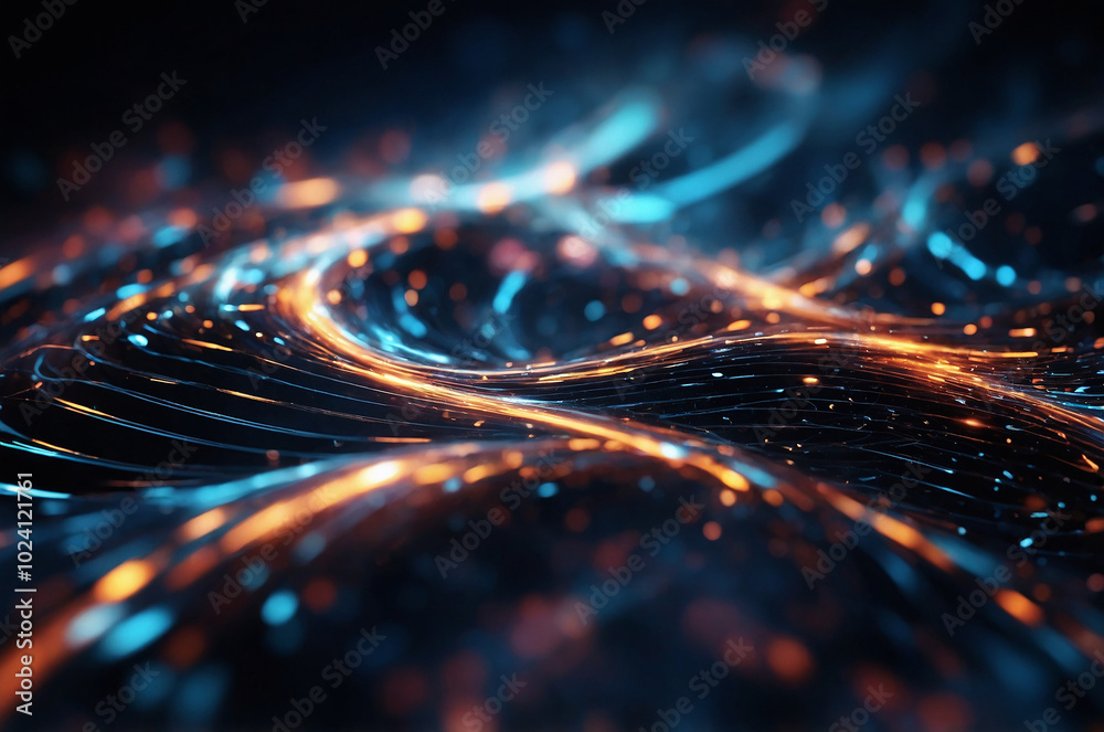 Poster abstract tech background with swirling particle effects and light trails, creating a sense of depth 