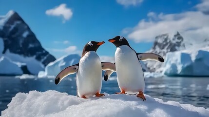 Obraz premium Penguins Waddling Across Icy Terrain in the Majestic Antarctic Landscape with the Vast Ocean in the Background