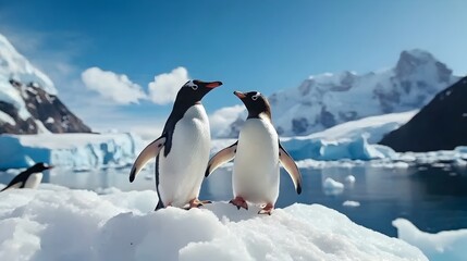 Fototapeta premium A group of penguins waddling across the icy snow covered terrain of the Antarctic continent with the vast deep blue waters of the Antarctic Ocean visible in the background