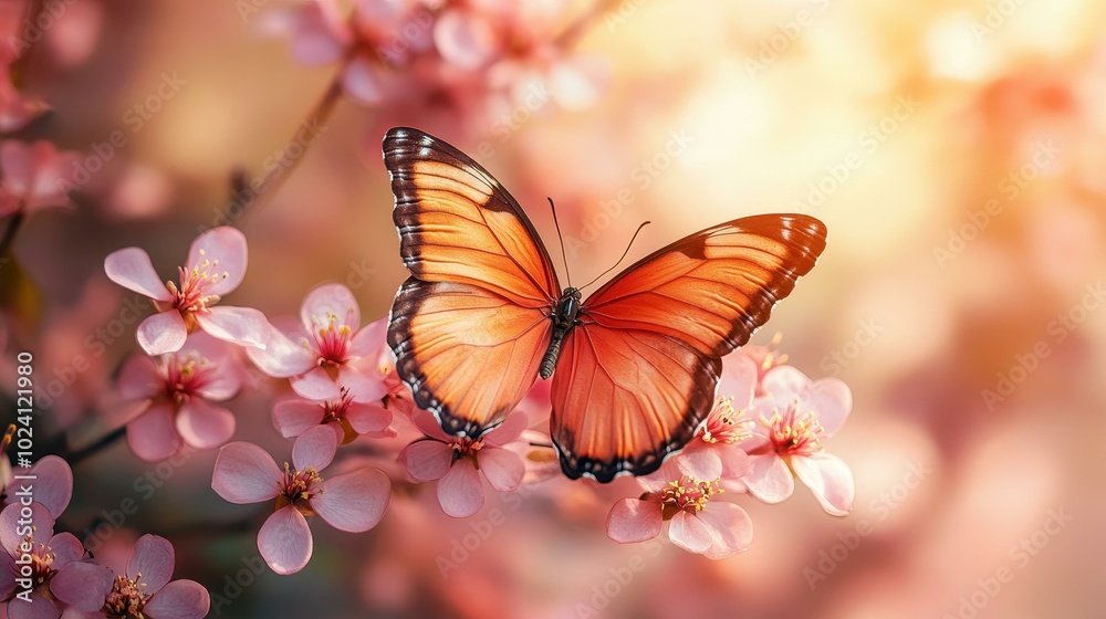 Sticker A peach butterfly gracefully rests on pink blooms, blending harmoniously with a soft, minimal backdrop. Natures charm shines here.