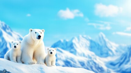 A stunning image captures a polar bear with her cubs, showcasing their beauty in a clean, vibrant landscape.