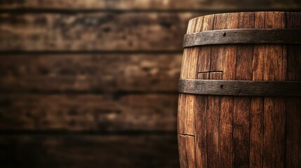 Fototapeta premium Explore the beauty of an aged wooden barrel, rich in texture, nestled in a quaint wine cellar with a soft, blurred backdrop.