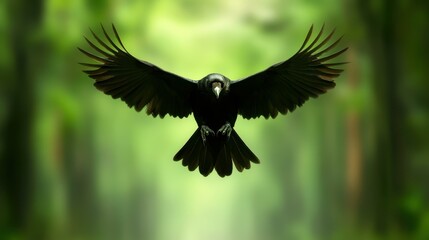 Naklejka premium Majestic black raven soaring through the air, wings wide open, with sharp talons ready, surrounded by a dreamy backdrop.