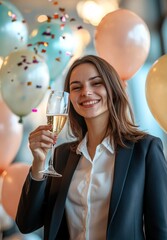 Elegant and Successful Female Professional Celebrating an Achievement or Milestone with a Glass of Champagne and Festive Balloons in an Indoor Corporate or Office Setting