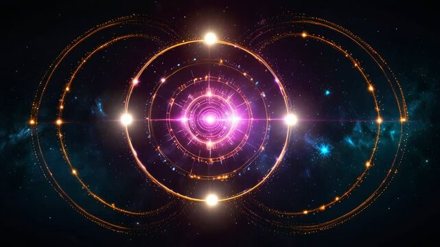 displays visuals that resemble astronomical and cosmic concepts. At its center is a luminous ball surrounded by rings or circular lines. the concept of the universe, energy, or cost harmony