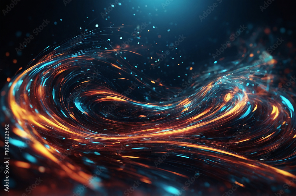 Poster abstract tech background with swirling particle effects and light trails, creating a sense of depth 