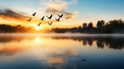 Flock of graceful birds soaring over the serene misty surface of a tranquil lake at the break of dawn  The birds  silhouettes are reflected in the still water creating a dreamlike ethereal scene
