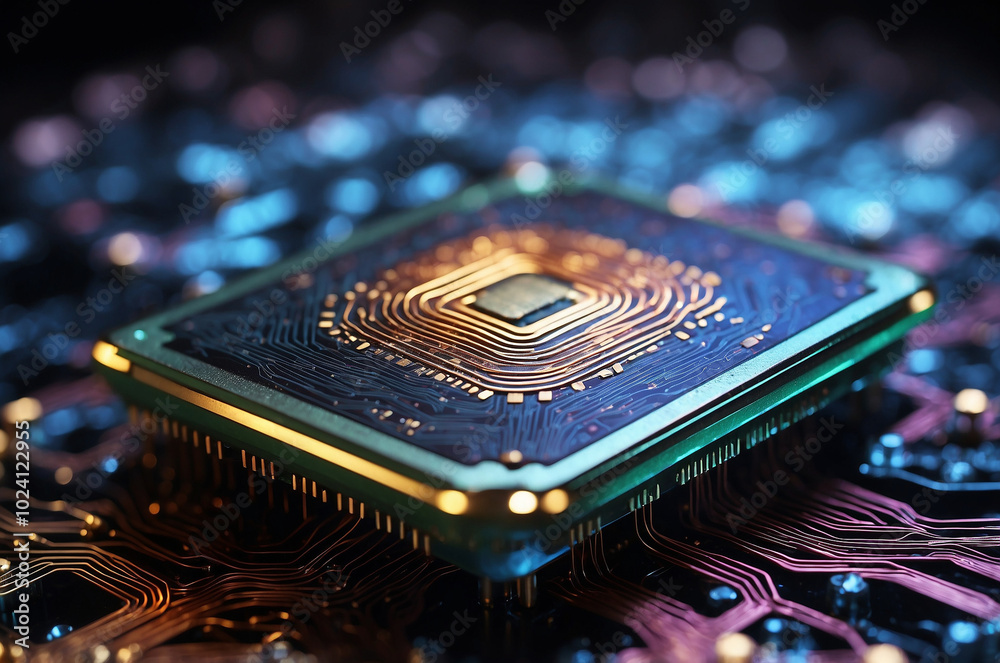 Poster close-up of a glowing microchip, surrounded by swirling data streams and binary code, evoking the es