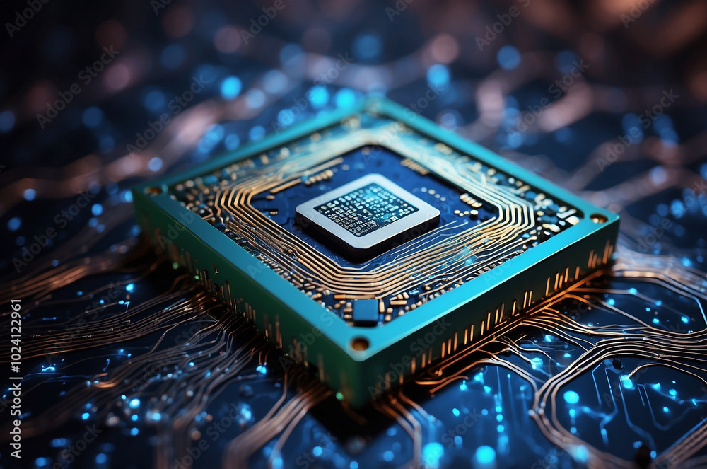 Poster close-up of a glowing microchip, surrounded by swirling data streams and binary code, evoking the es