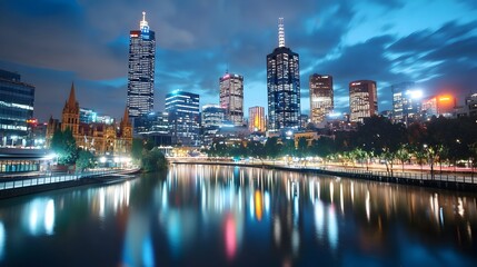 Mesmerizing night scene of a bustling city skyline with towering high rise buildings and skyscrapers illuminated against the dark sky their reflections shimmering on the calm glittering river below