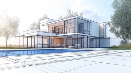 Obraz premium Sleek Contemporary Glass House with Pool in Scenic Nature Landscape Setting