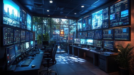 Fototapeta premium High-tech control room with multiple screens and a city view.