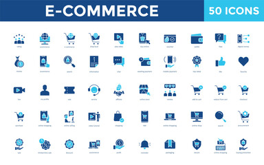 E-commerce icon set with rating, ecommerce, shop local, play video, buy online, voucher, wallet, faqs, digital money icon. Simple flat vector 
